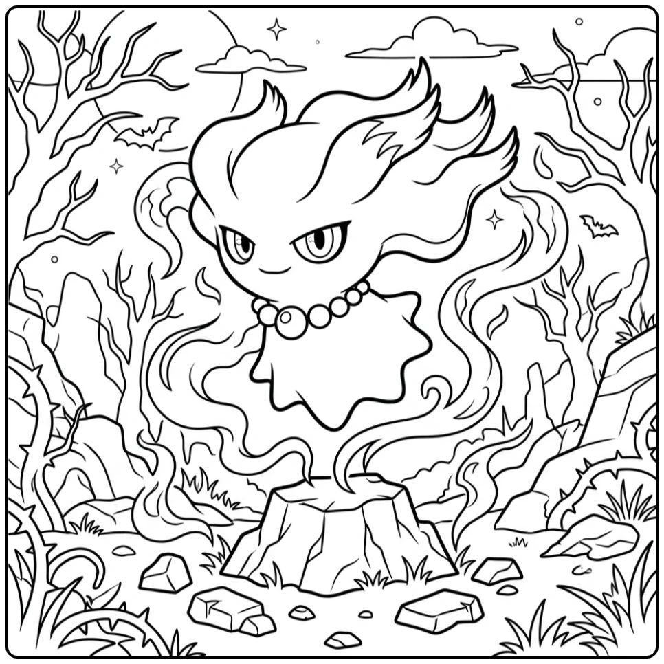Leuke Pokemon Misdreavus kleurplaat in een spookvallei.