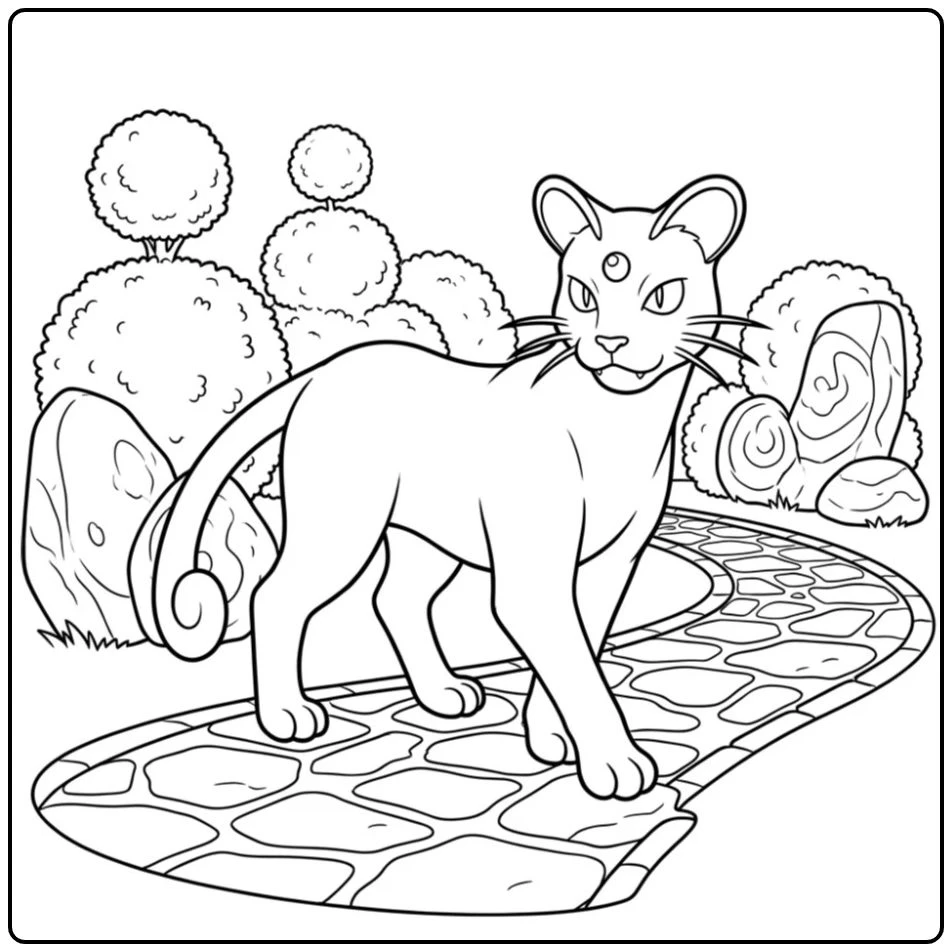 Pokemon Persian kleurplaat wandelend op een stenen pad.