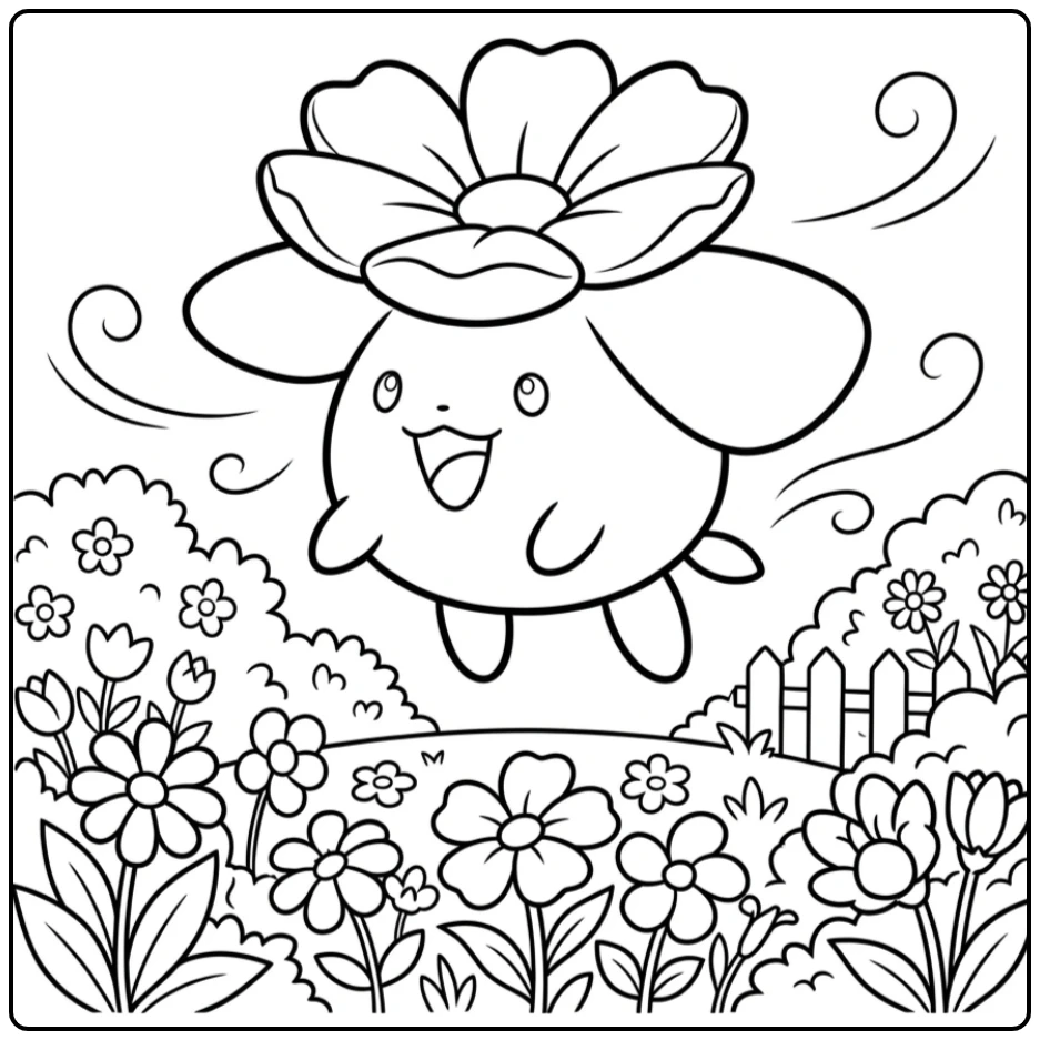 Pokemon Skiploom kleurplaat zwevend boven een bloementuin.