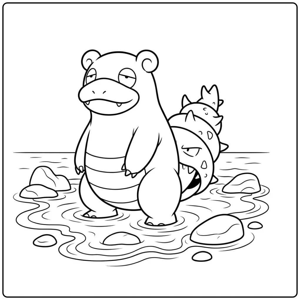 Leuke Pokemon Slowbro kleurplaat aan zee met een Shellder.