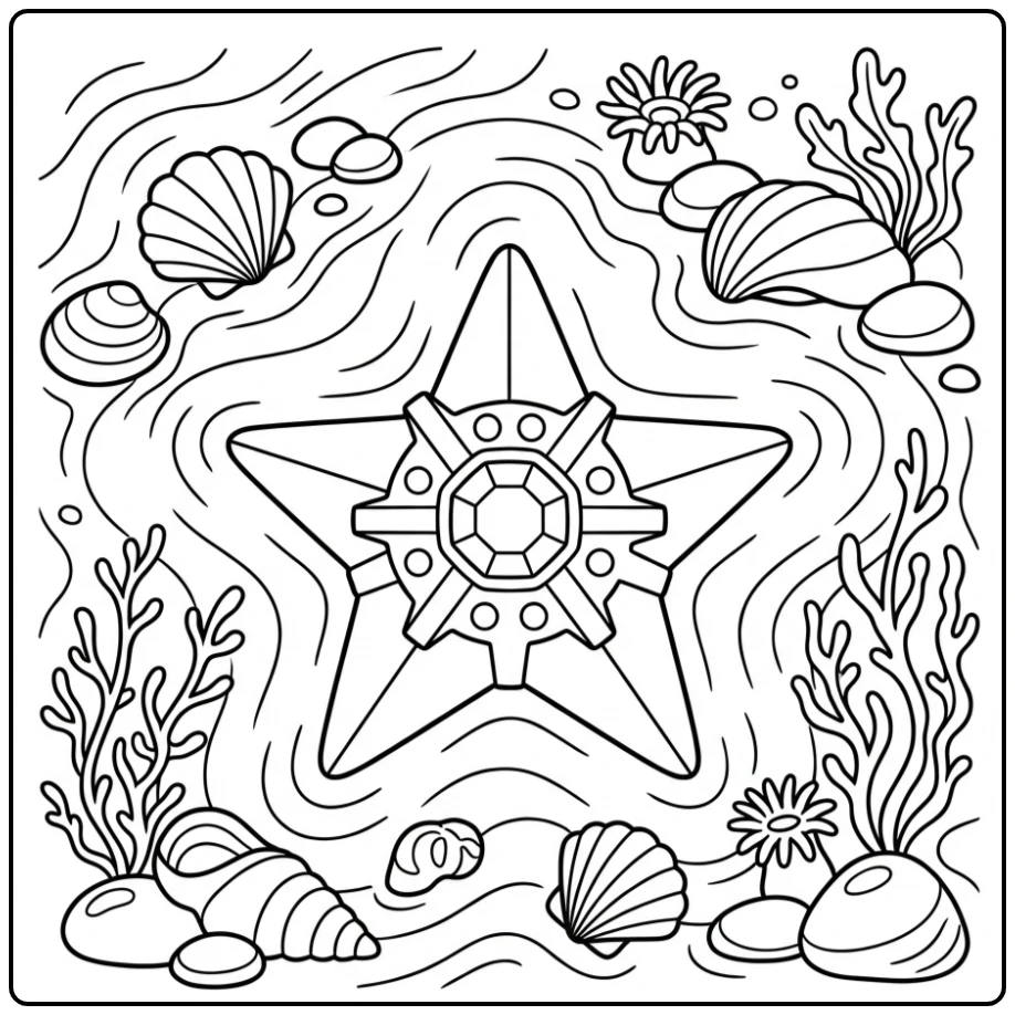 Pokemon Staryu kleurplaat in een ondiepe getijdenpoel.