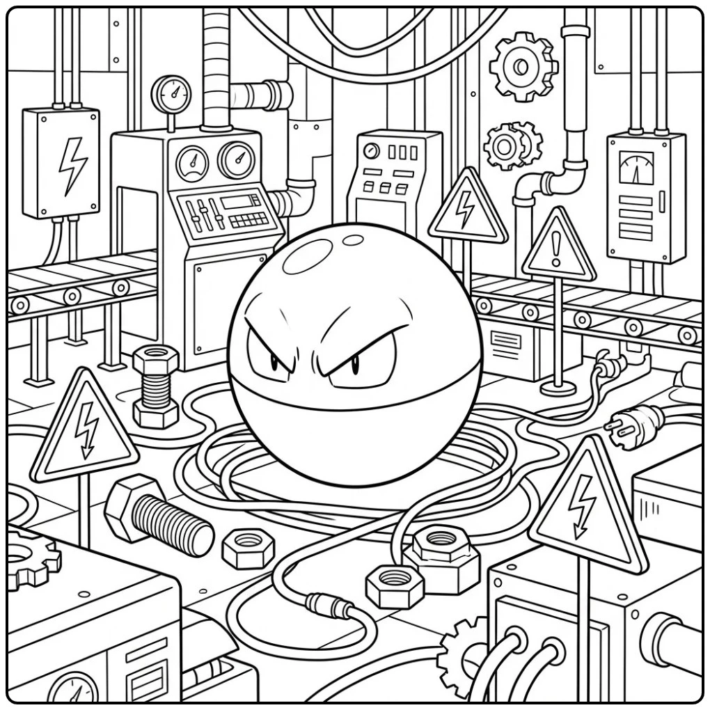 Leuke Pokemon Voltorb kleurplaat in een energiecentrale.