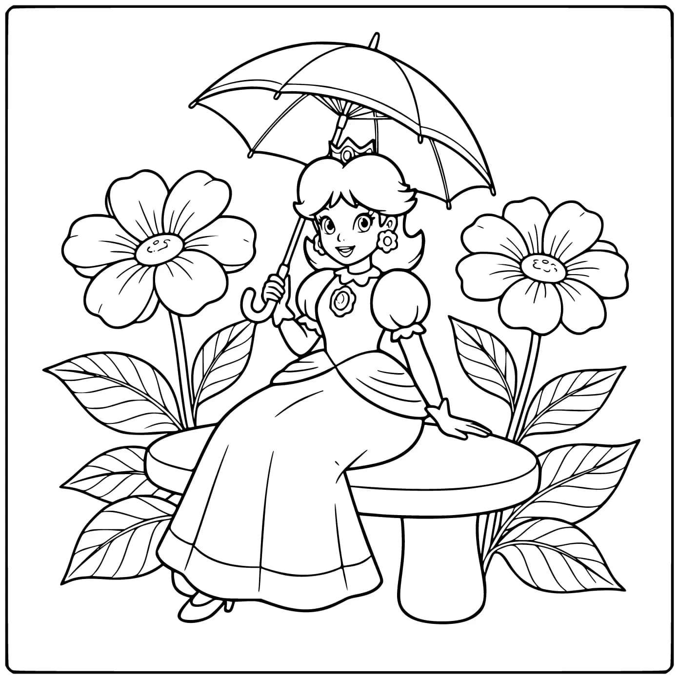 Leuke princess peach kleurplaat met parasol en bloemen.