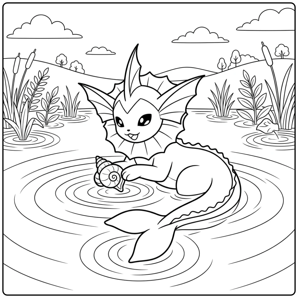 Ontspannende vaporeon kleurplaat van Vaporeon met schelpje