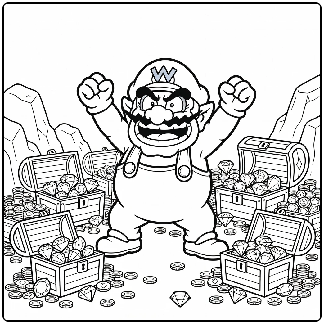 Triomfantelijke wario kleurplaat met schatten en munten.