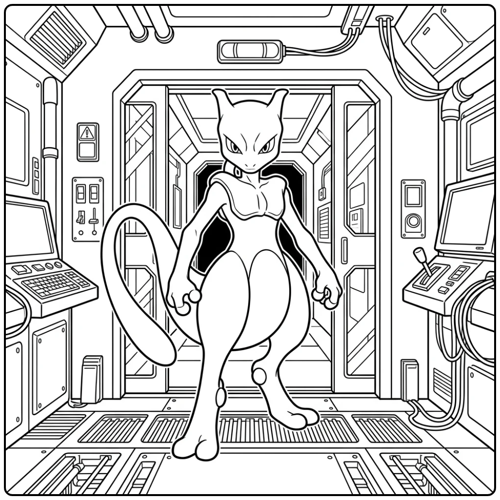 Ontdek deze mysterieuze mewtwo kleurplaat in een donker lab.