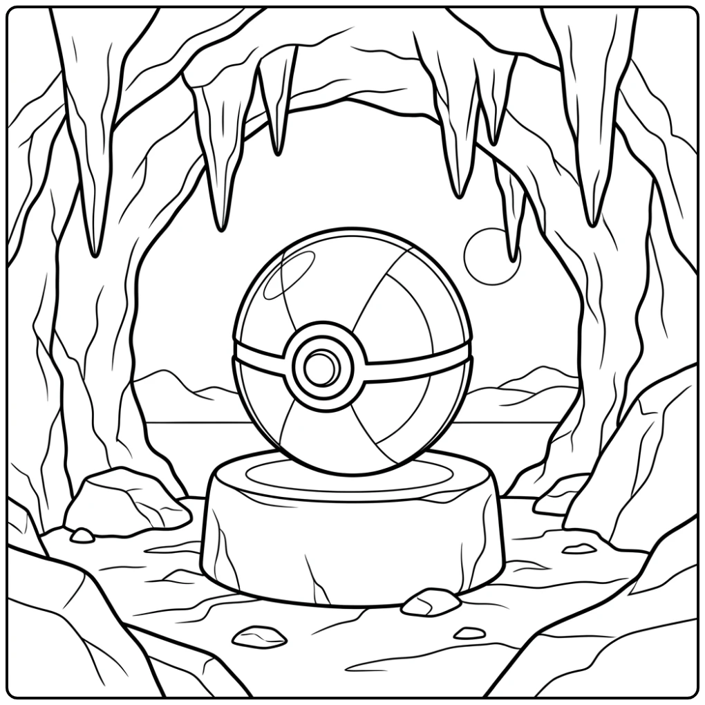 pokemon bal kleurplaat op gladde stenen sokkel in grot