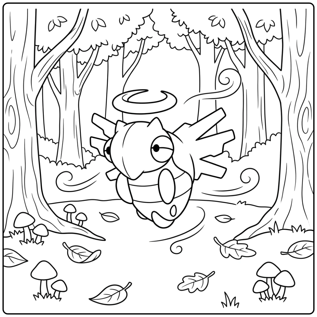 Zwevende Pokemon Shedinja kleurplaat in een magisch bos.