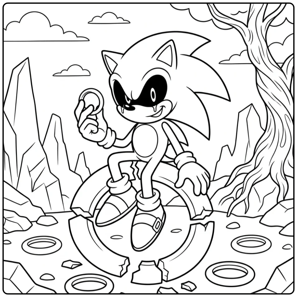 Sonic Exe kleurplaat: sinistere glimlach op gebroken ring.