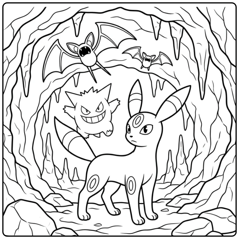 Umbreon kleurplaat met Umbreon, Gengar en Zubat in een grot.