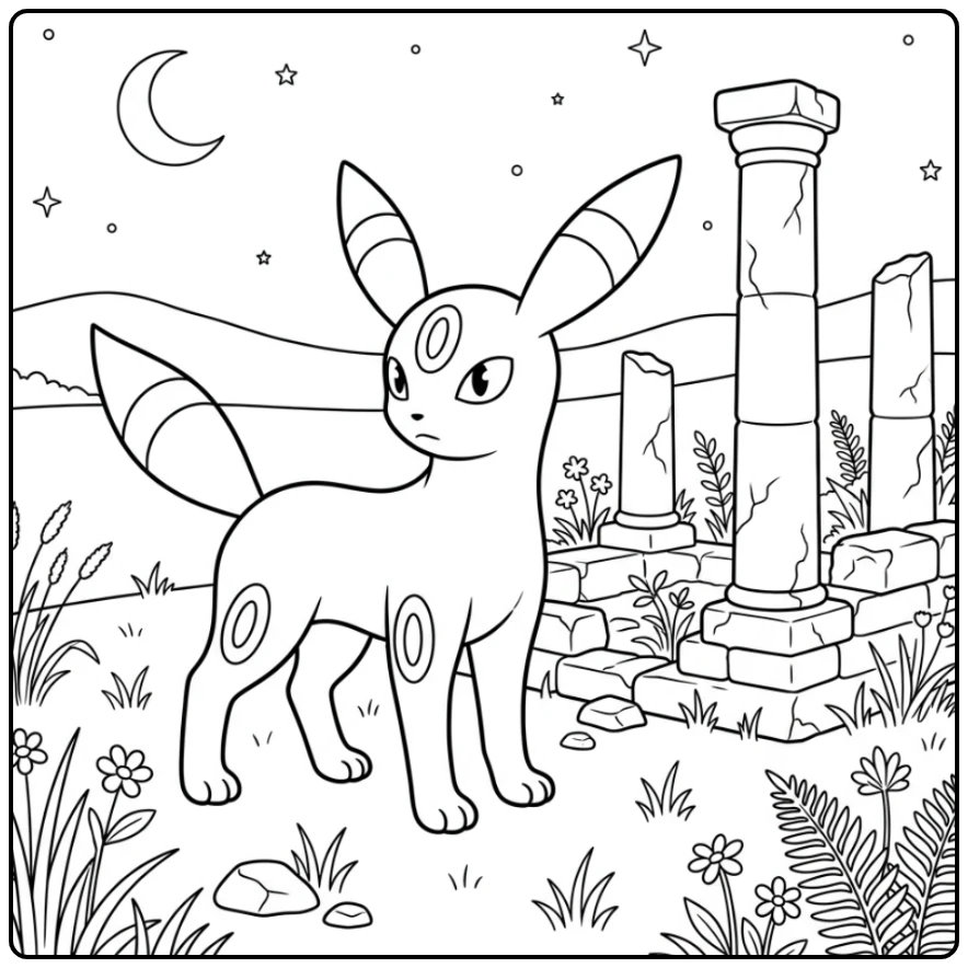 Umbreon kleurplaat bij oude ruïnes in een stil nachtelijk veld.