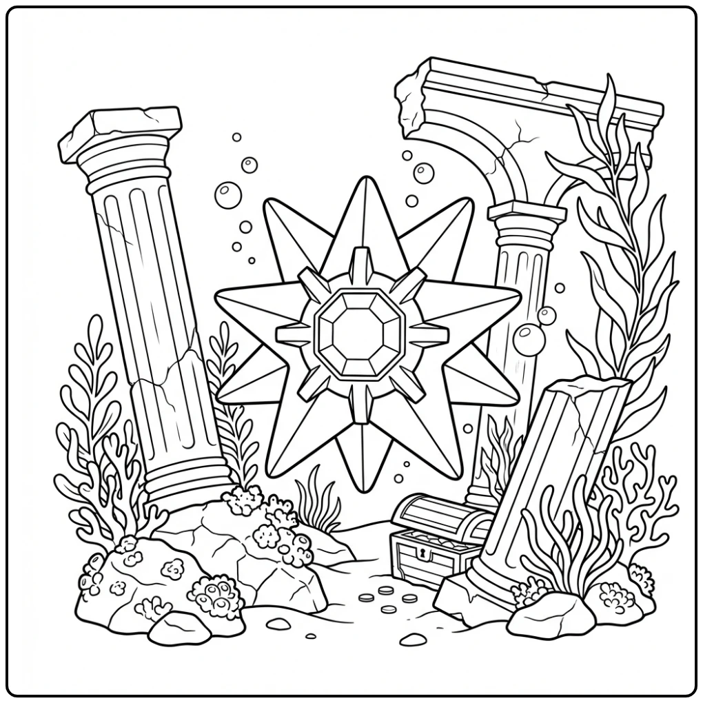 Pokemon Starmie kleurplaat in een onderwaterruïne met koraal