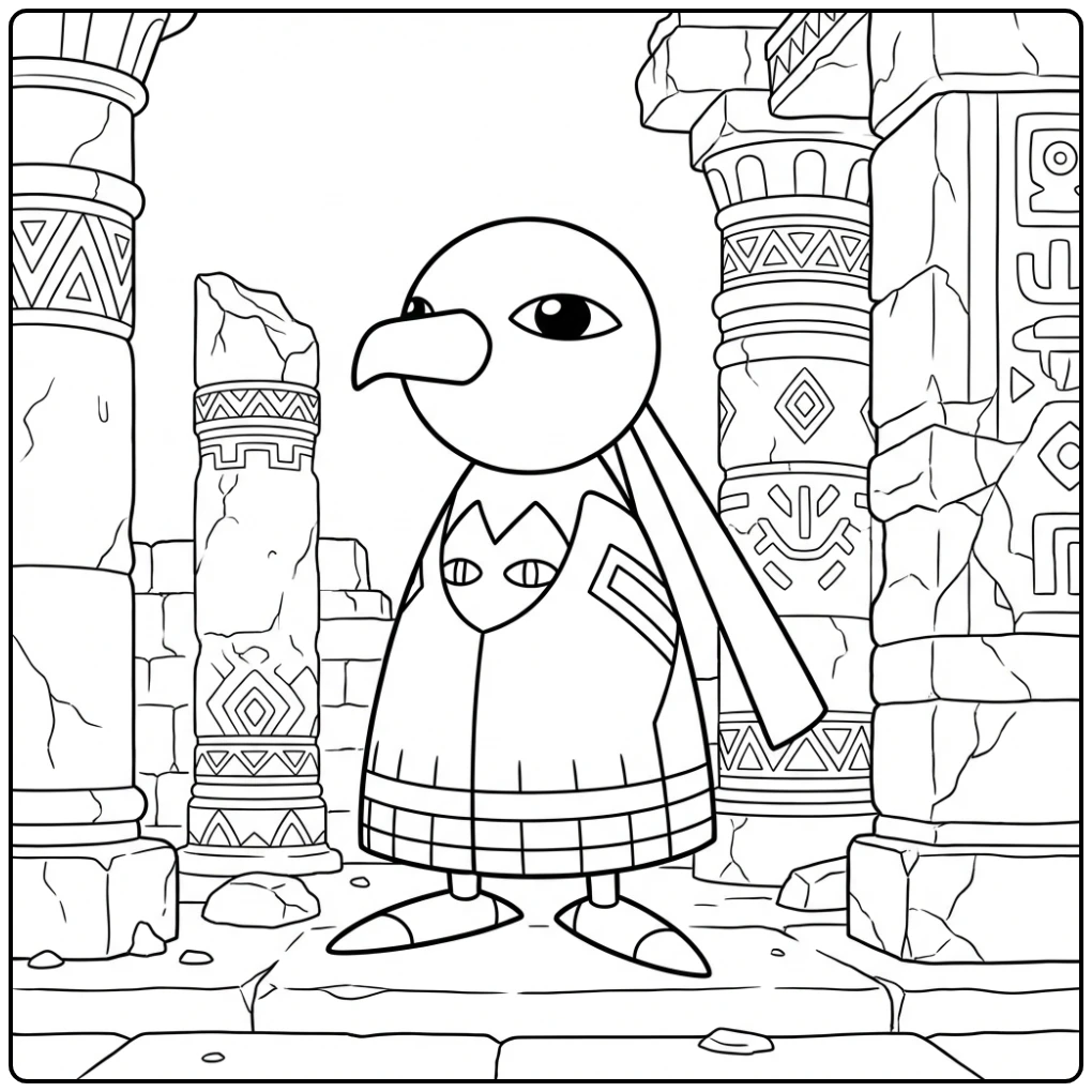 Pokemon Xatu kleurplaat in een oude ruïne met pilaren.