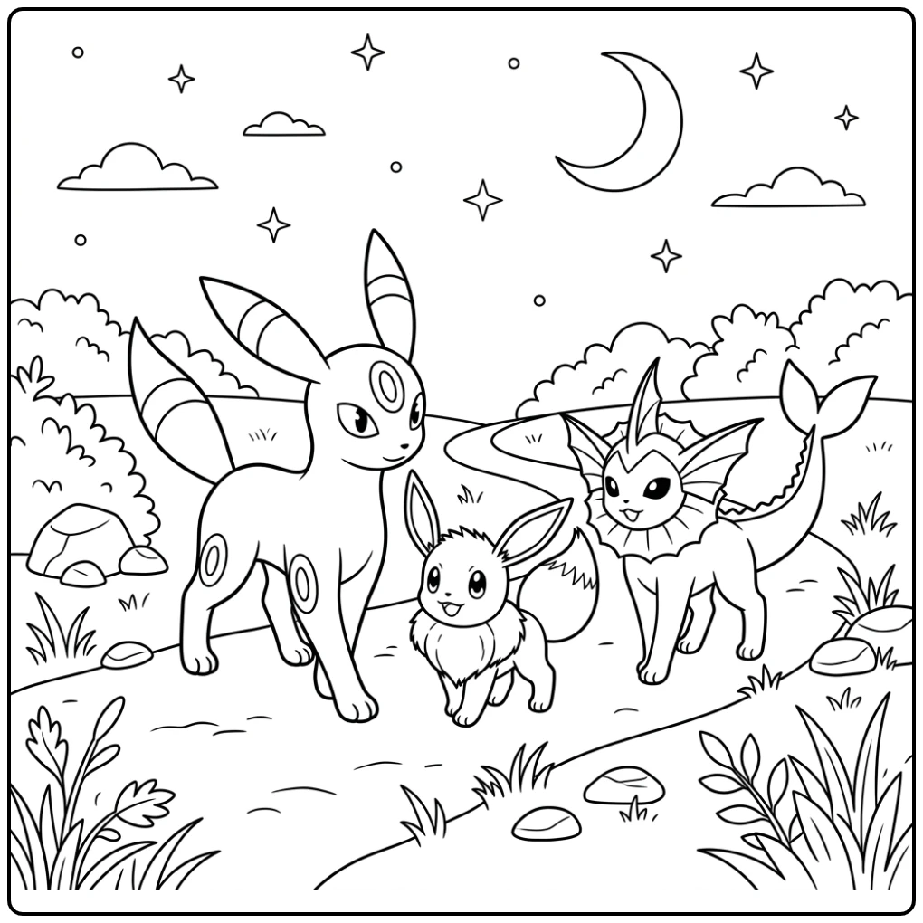 Umbreon kleurplaat: Umbreon, Eevee, Vaporeon op nachtpad.