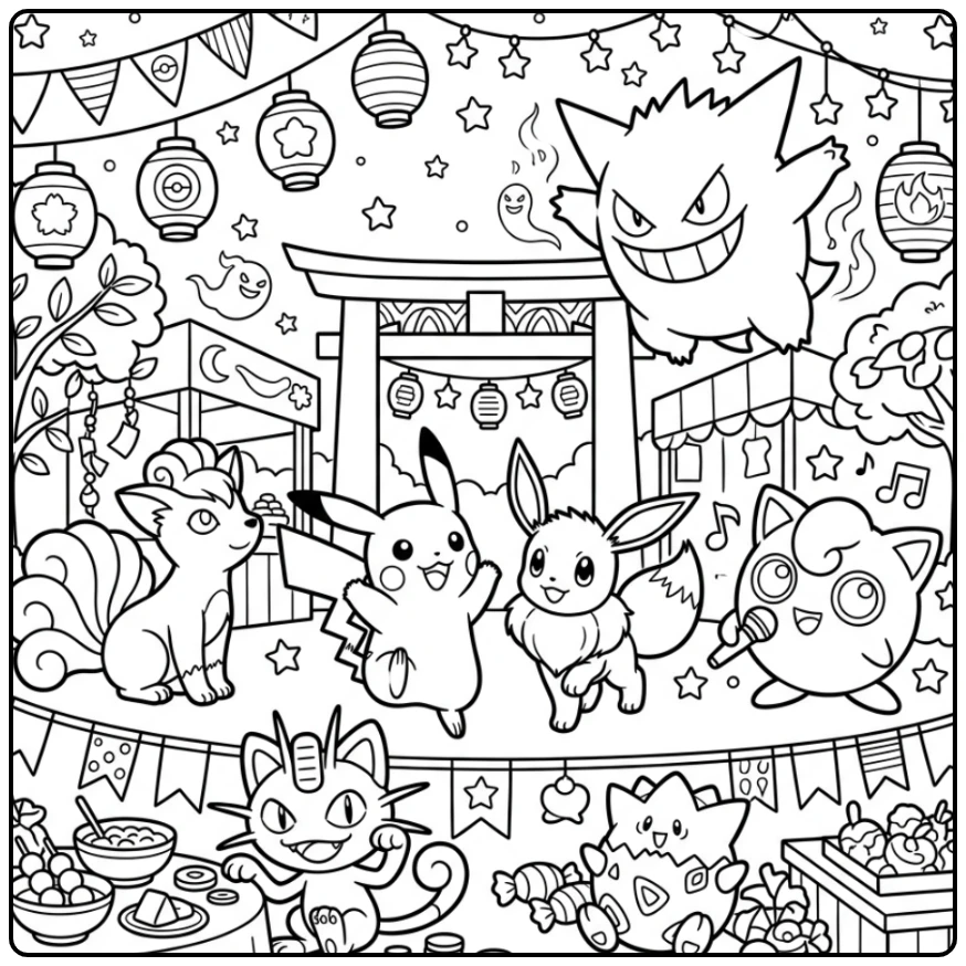 Magische Pokemon kleurplaat met Pikachu op een nachtfestival