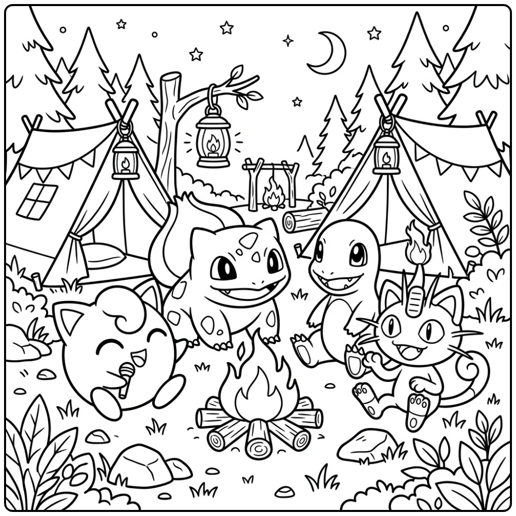 Gezellige bulbasaur kleurplaat met Pokémon bij het kampvuur.