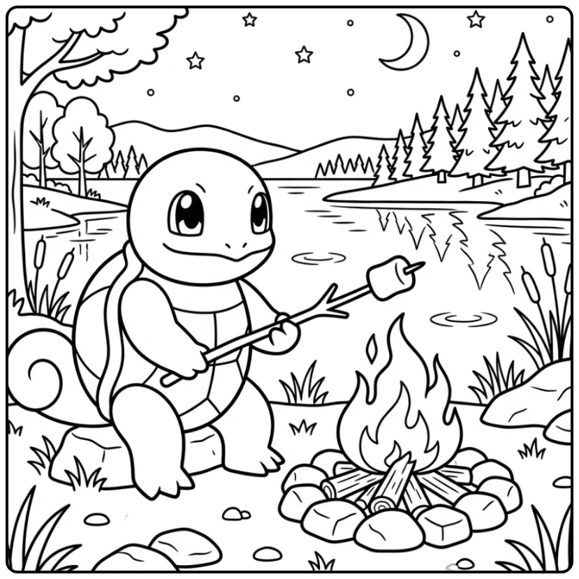 Gezellige squirtle kleurplaat: Squirtle roostert marshmallow bij kampvuur.