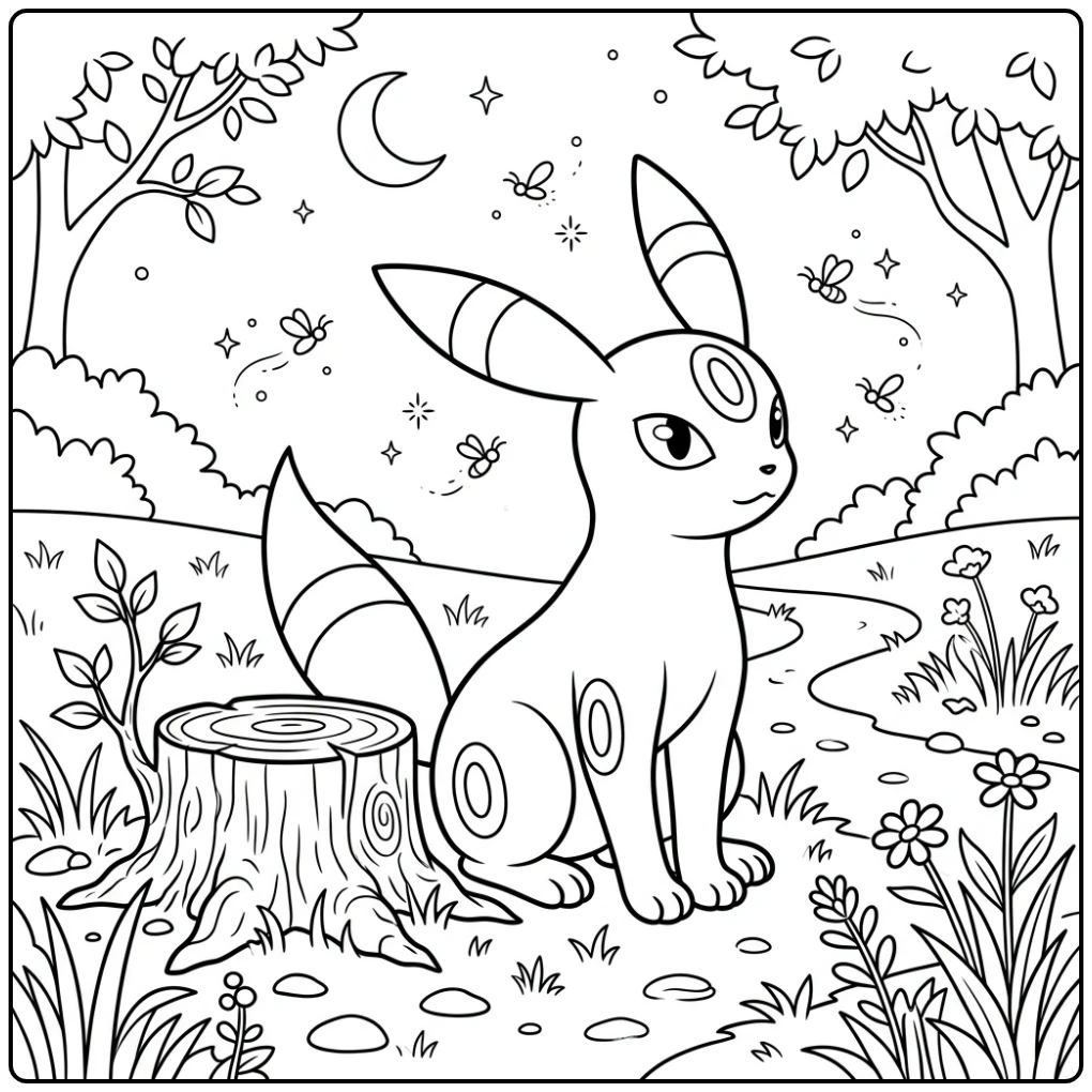 Umbreon kleurplaat bij boomstronk met dansende vuurvliegjes in de nacht.