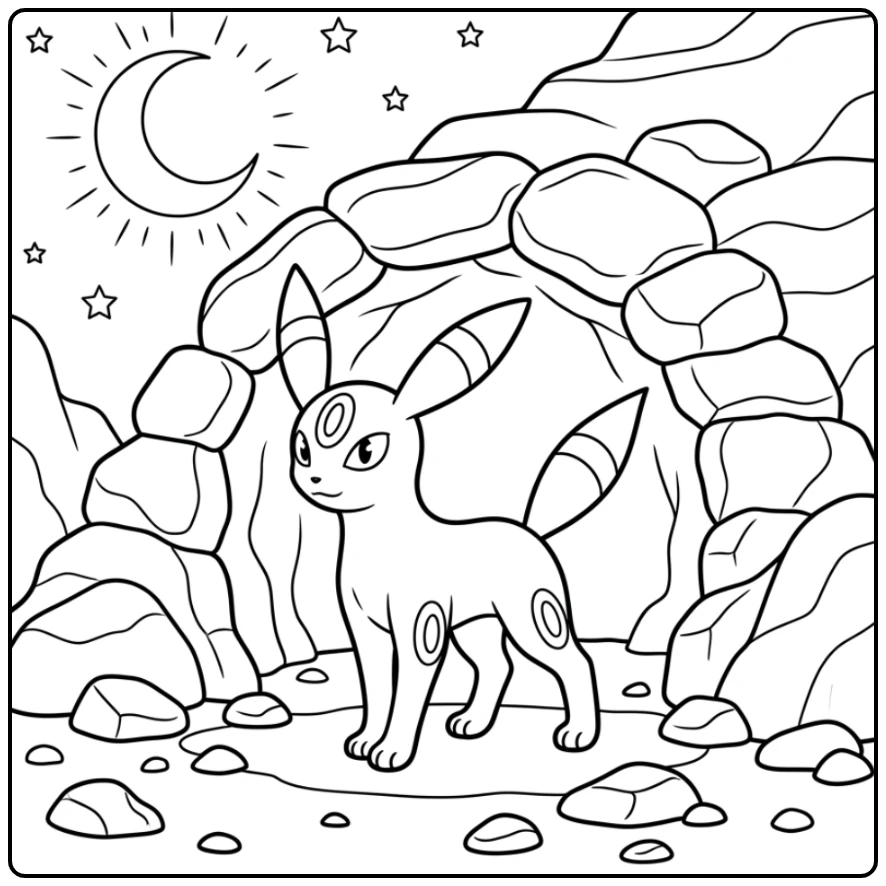 Umbreon kleurplaat: Zelfverzekerde Umbreon bij grotmonding in de nacht