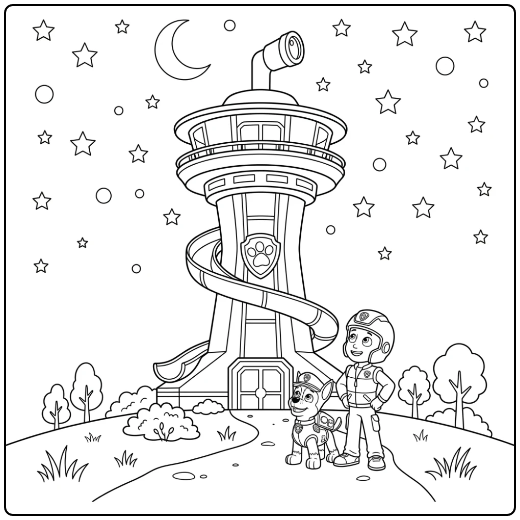 Ryder en pup kijken op naar de paw patrol uitkijktoren kleurplaat onder sterren.