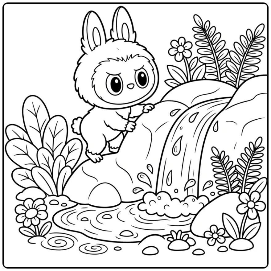 Labubu klimt op rots bij waterval labubu kleurplaat cute