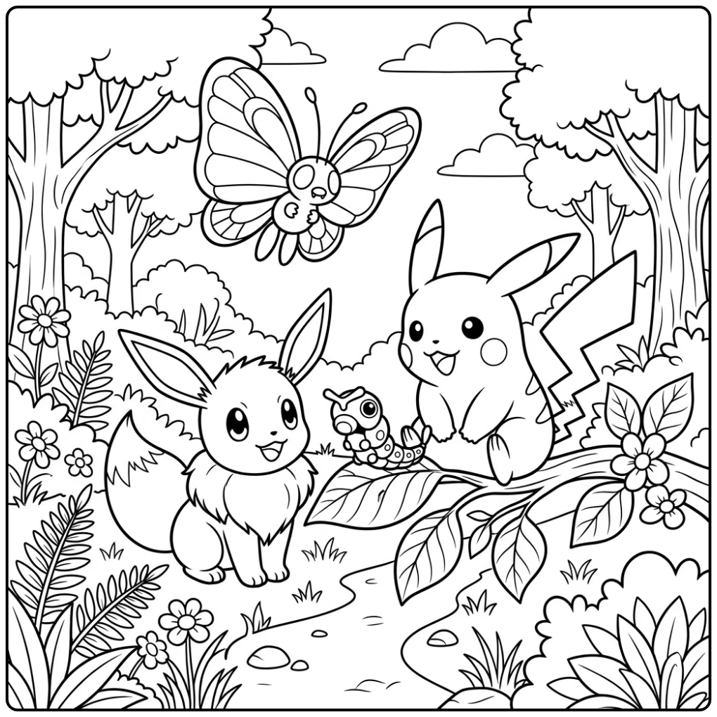 Kleurplaat pokemon schattig: Eevee, Pikachu en Caterpie op een blad.