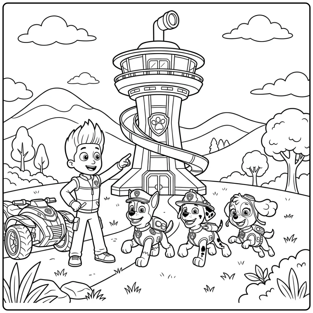 Ryder en pups klaar voor avontuur bij de paw patrol uitkijktoren kleurplaat.