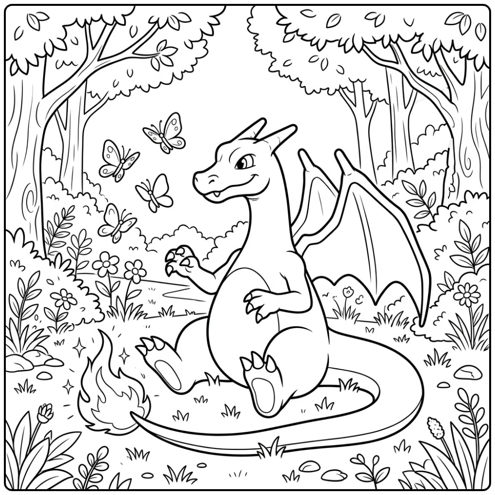 Speelse charizard kleurplaat in bos, observeert nieuwsgierig vlinders.