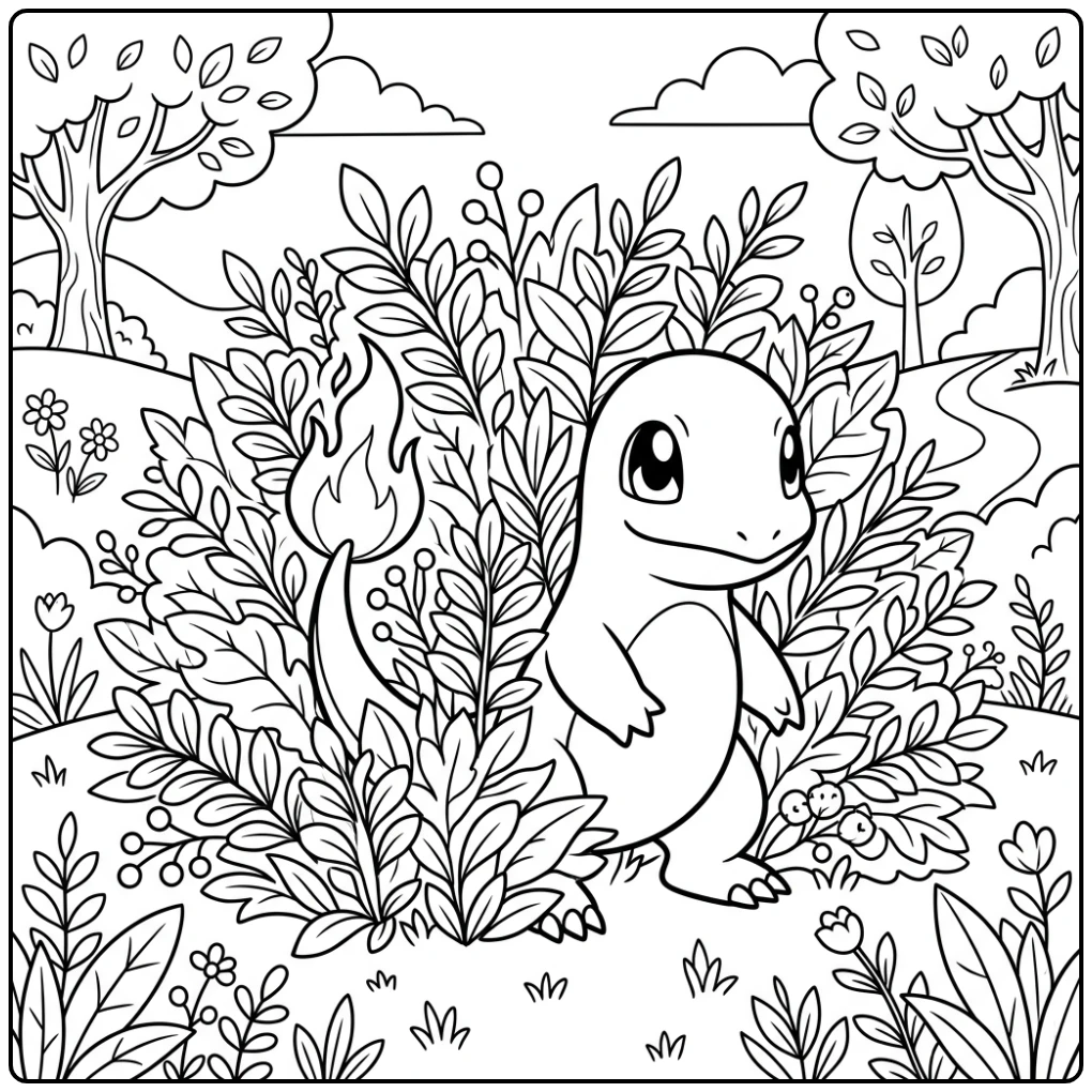 Leuke charmander kleurplaat achter een grote bladerstruik.