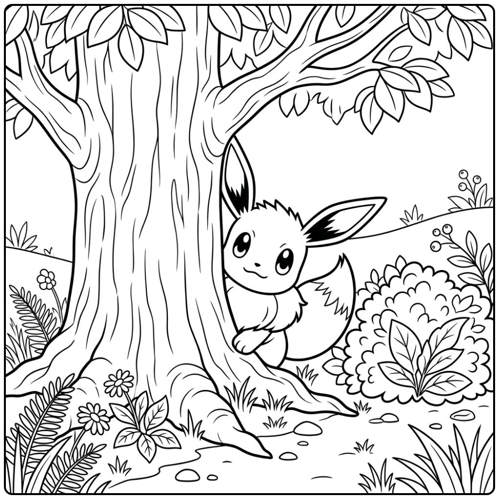 Eevee kleurplaat: Eevee gluurt nieuwsgierig achter een boomstam.