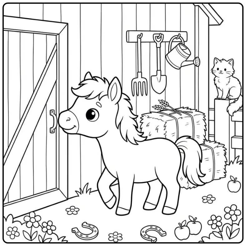 Schattige kleurplaat veulen bij een staldeur met hooibalen.