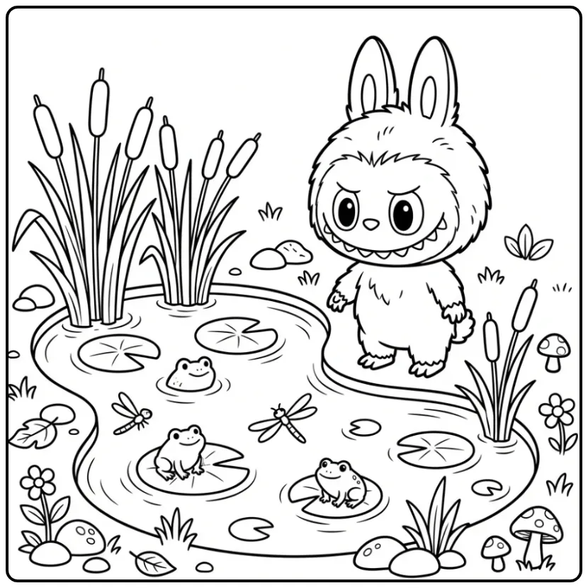 Een labubu kleurplaat cute bij een vijver met waterlelies.