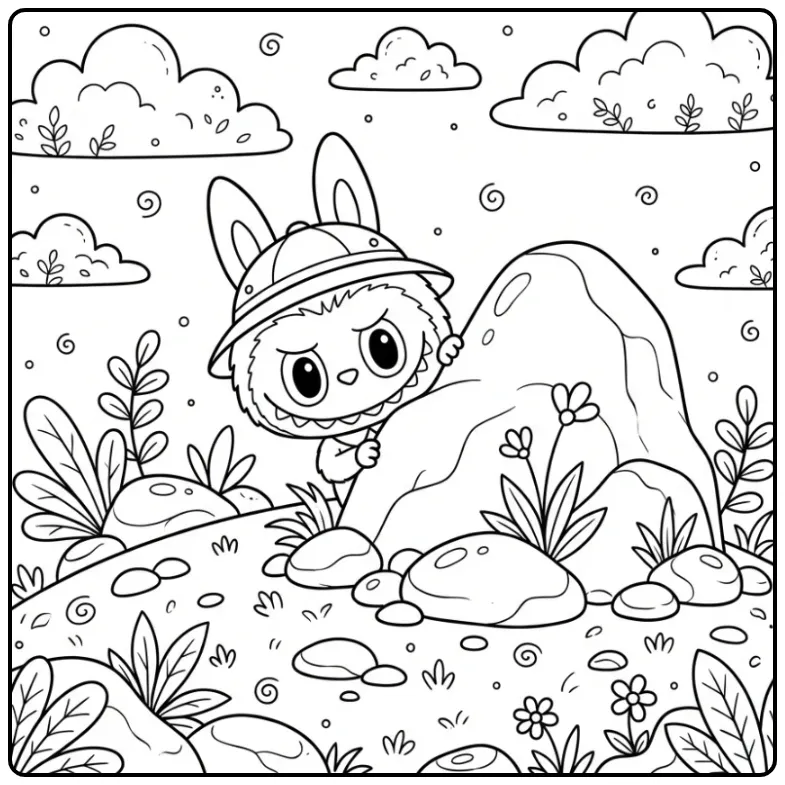 Een labubu kleurplaat cute op een rotsachtige heuvel.