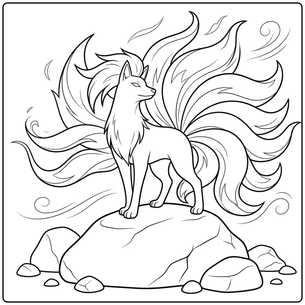 Ninetales pokemon kleurplaat: elegant op een rots, met vlammende staarten.