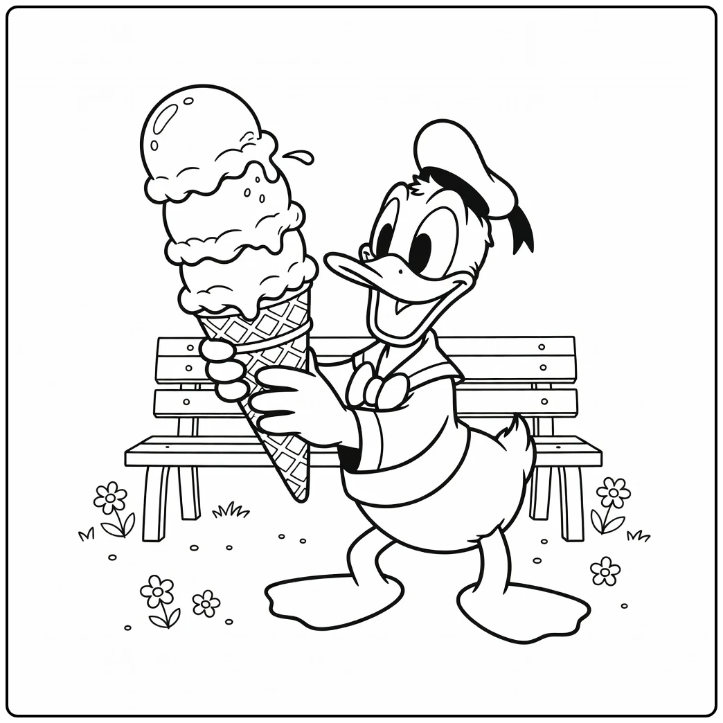 kleurplaat donald duck: Donald met smeltend ijsje op parkbank