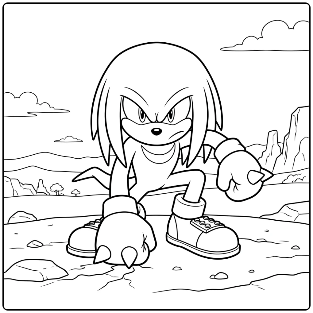 Knuckles kleurplaat: een waakzame Knuckles in lage houding.