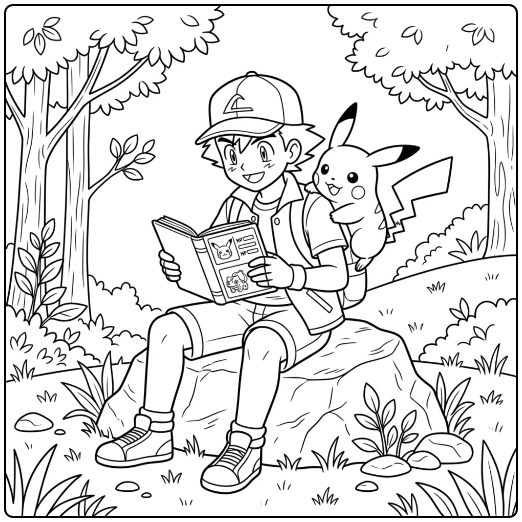 Leuke kleurplaat pokemon ash: Ash en Pikachu bestuderen Pokédex