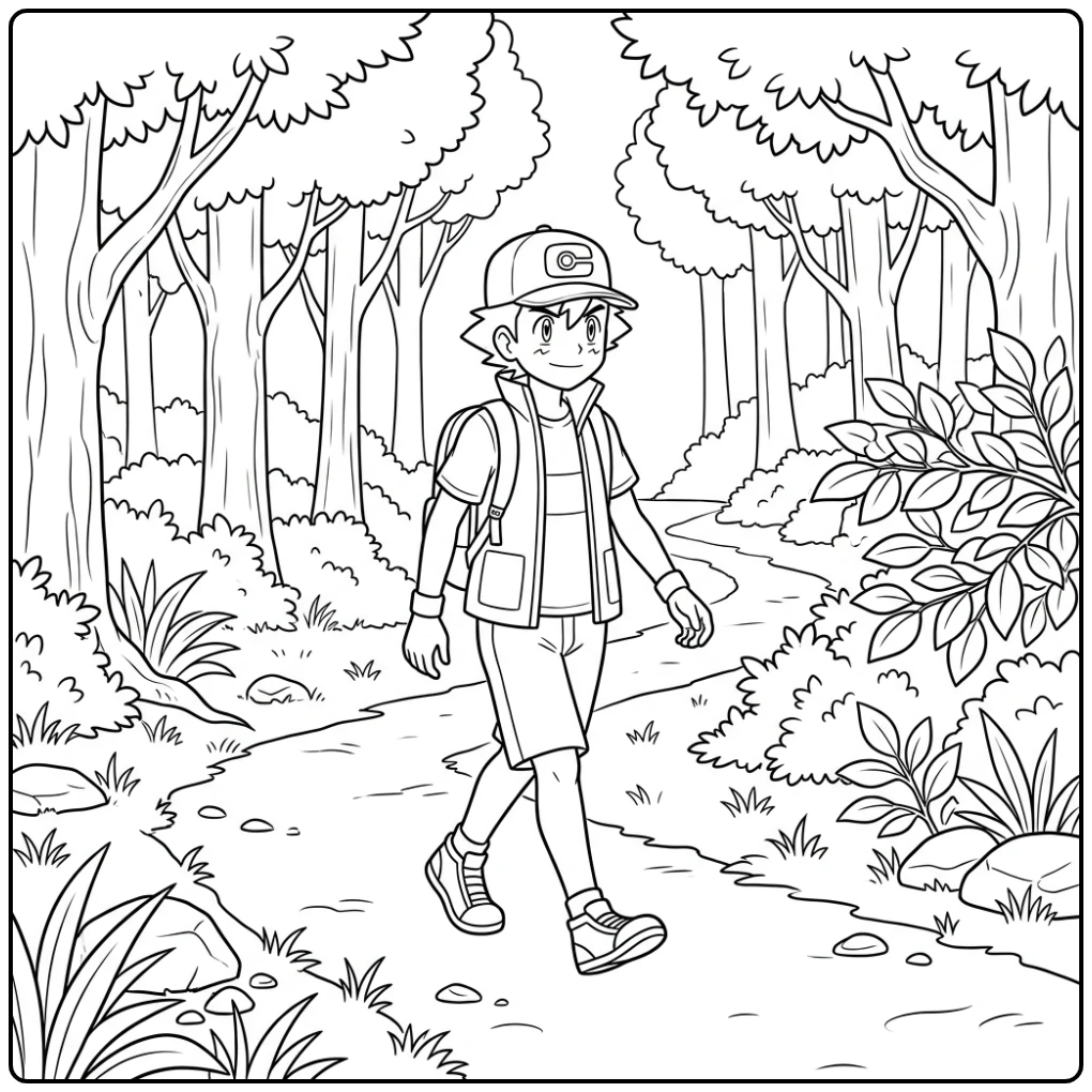 Kleurplaat pokemon ash: Ash, Pikachu en Caterpie in bos.