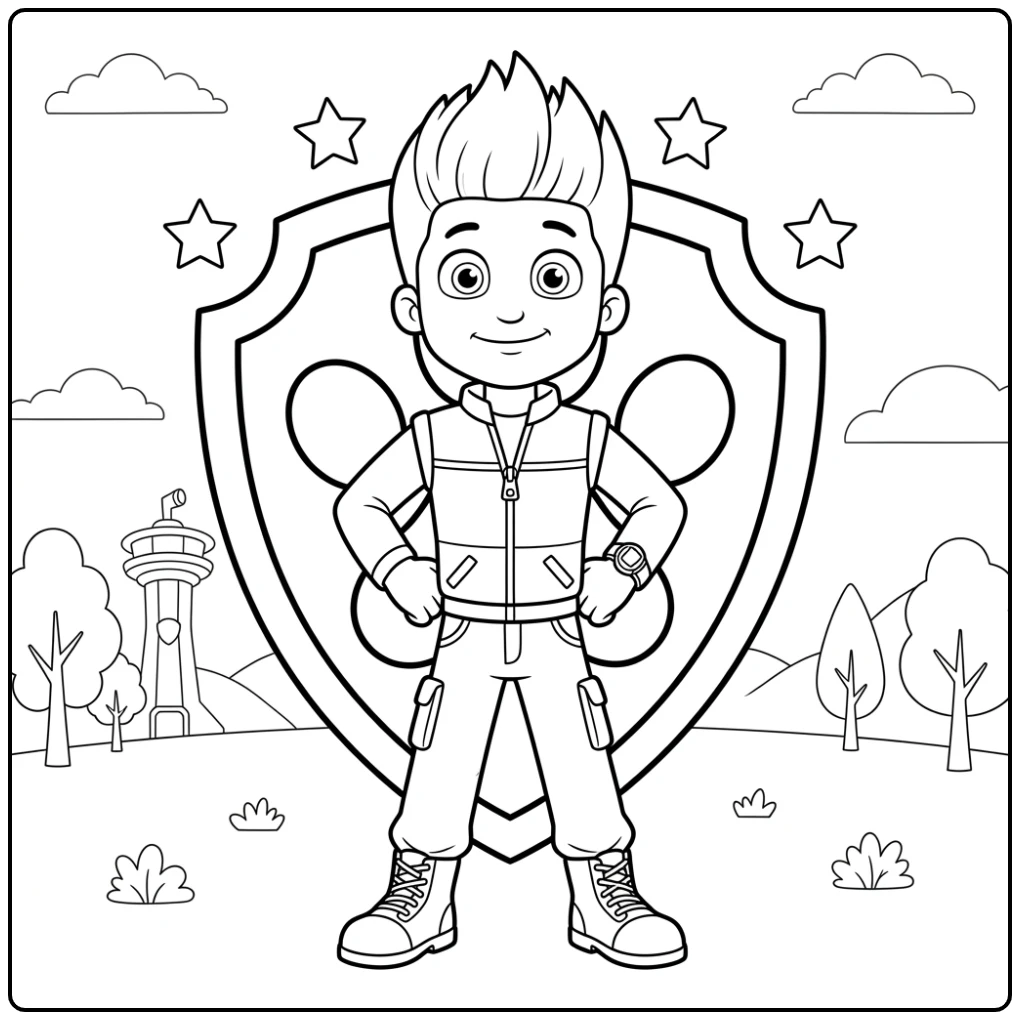 Ryder Paw Patrol kleurplaat: Ryder trots met handen in zijn zij.