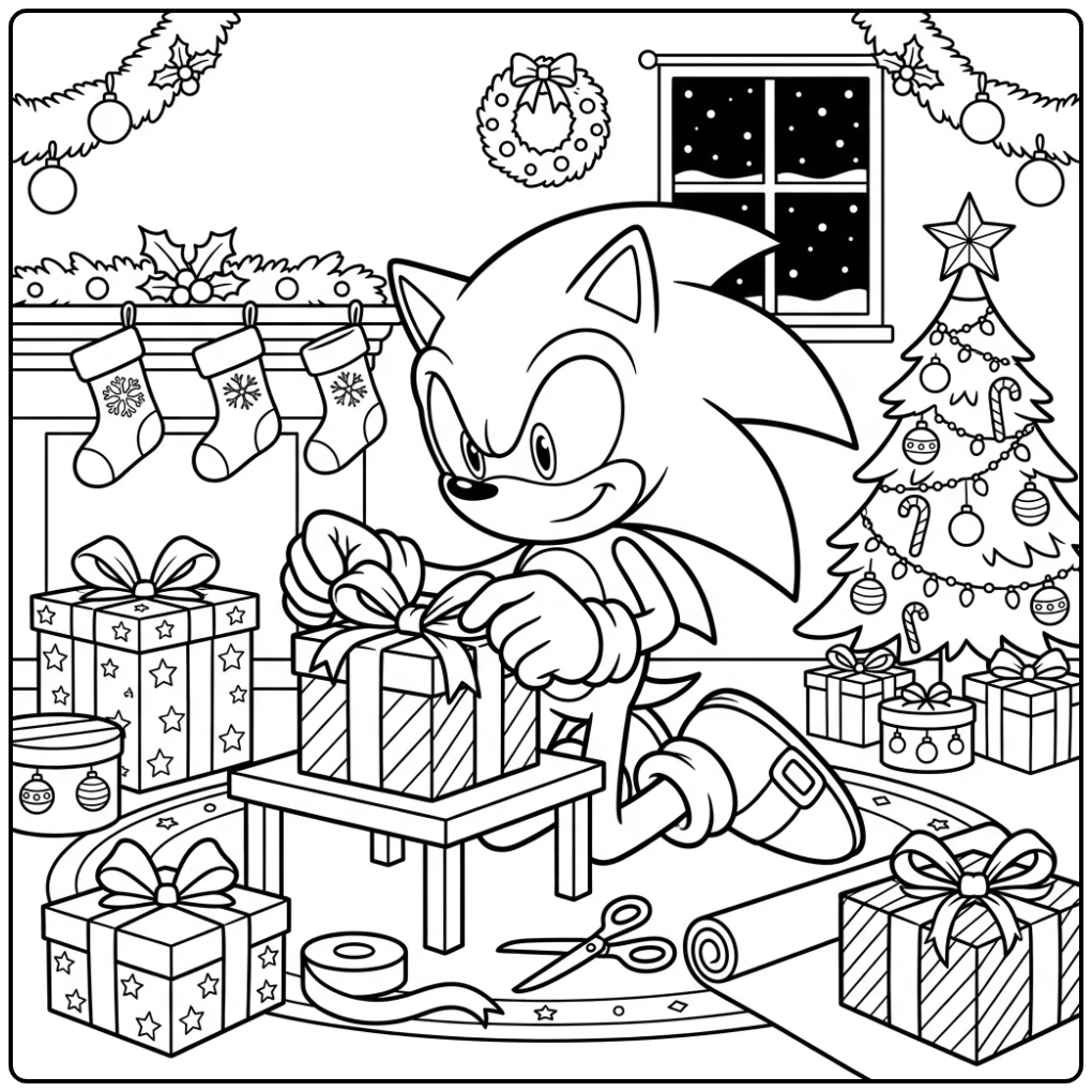 Sonic kerst kleurplaat: Sonic pakt feestelijk cadeau in met strik