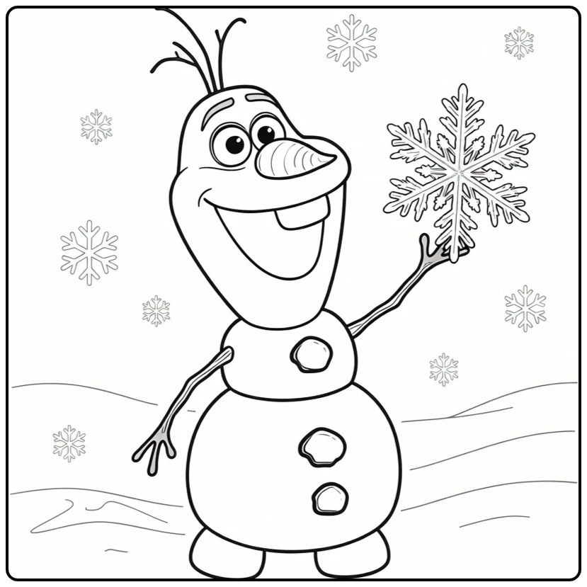 Vrolijke olaf kleurplaat met een sneeuwvlok in zijn hand.