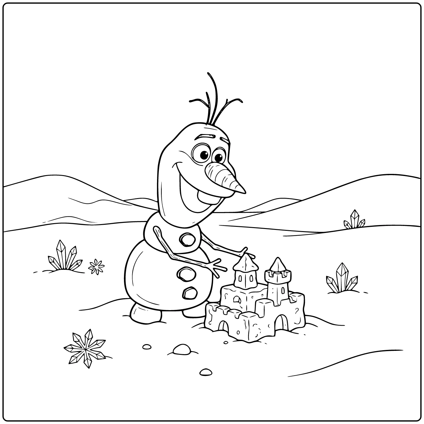 Schattige olaf kleurplaat waar hij een sneeuwkasteel bouwt.