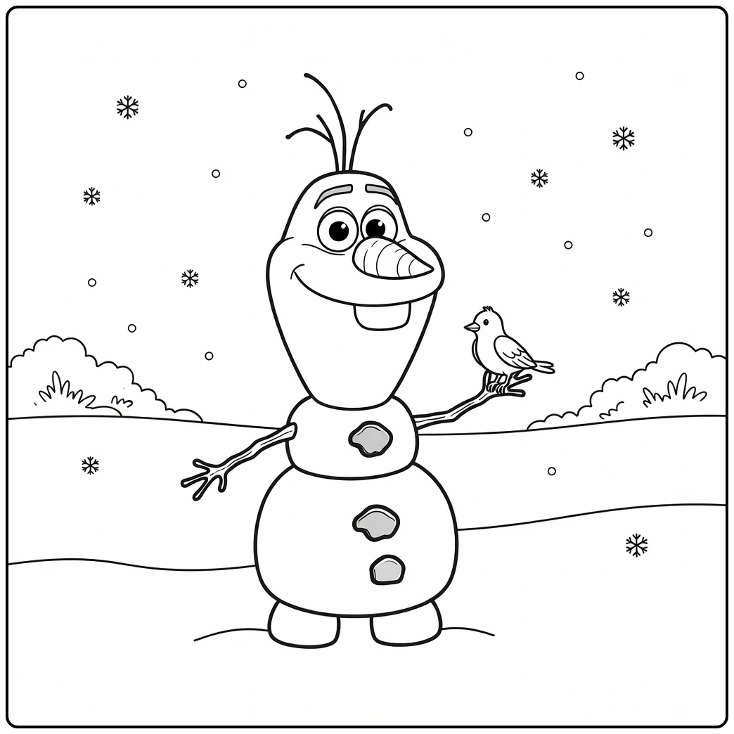 Schattige olaf kleurplaat met een vogeltje in de sneeuw.