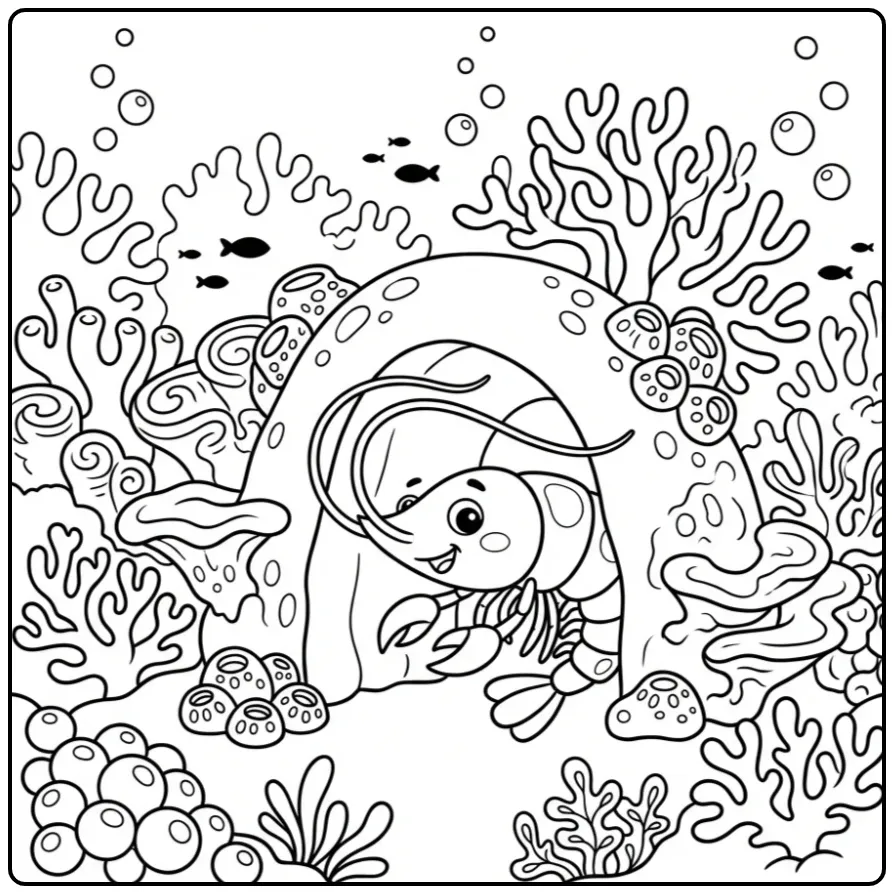 Schattige kleurplaat garnaal onder een koraalboog in de zee.