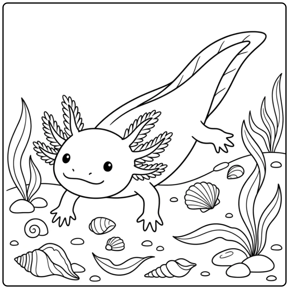 Schattige zwemmende axolotl kleurplaat met schelpen.