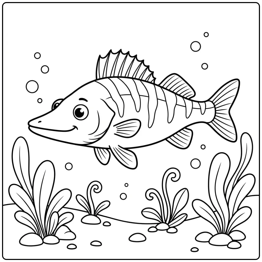 Leuke kleurplaat snoekbaars zwemmend boven zand en planten