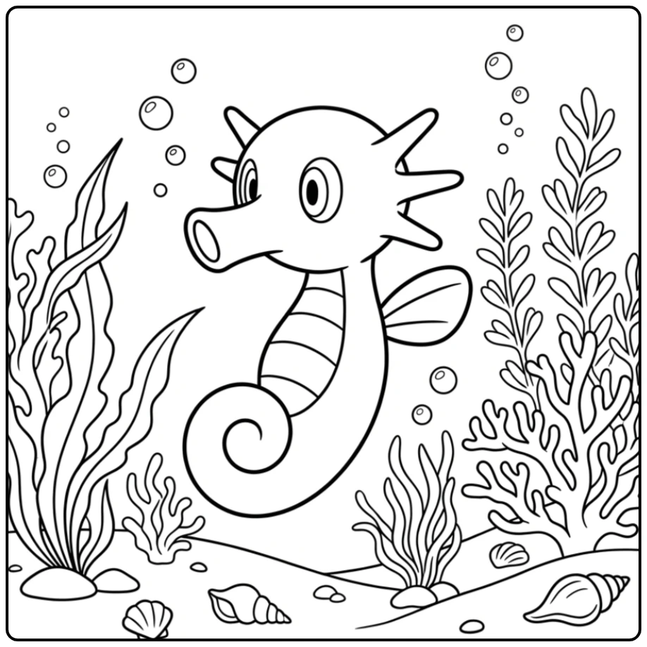 Schattige Pokemon Horsea kleurplaat in een koraalrif.