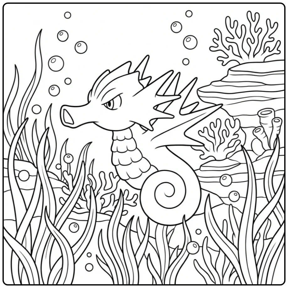 Mooie Pokemon Seadra kleurplaat onder water met koraal.