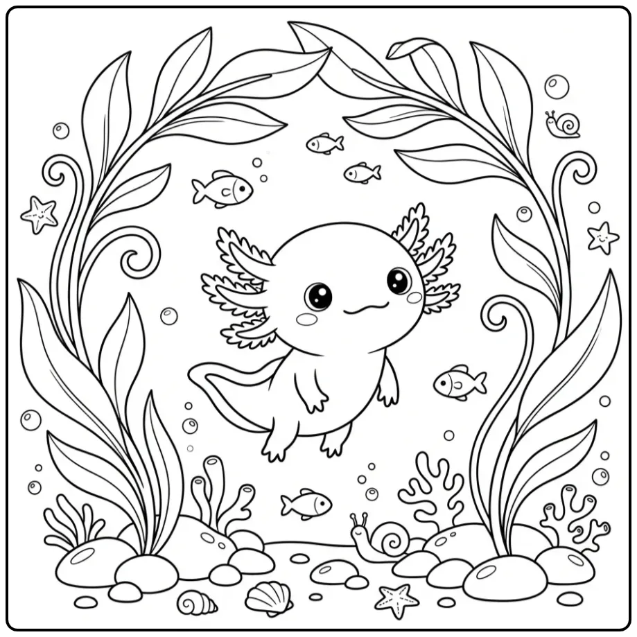 Schattige axolotl kleurplaat zwemmend tussen waterplanten