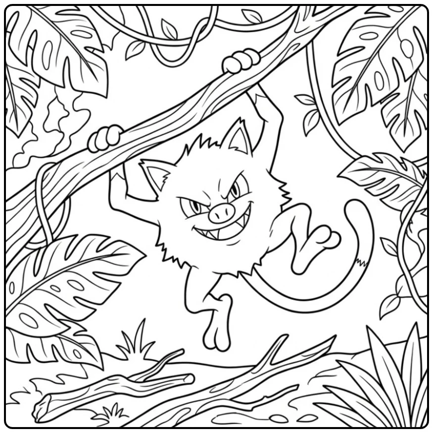 Leuke Pokemon Mankey kleurplaat slingerend aan een liaan.